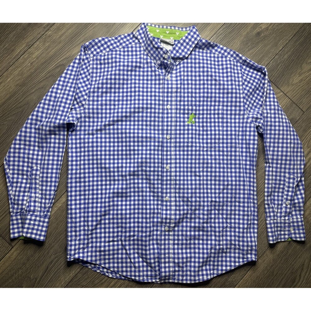 DISNEY PARKS ☆ Flip Cuff Mickey Mouse Blue Check Button-Down Shirt ☆ Size Large